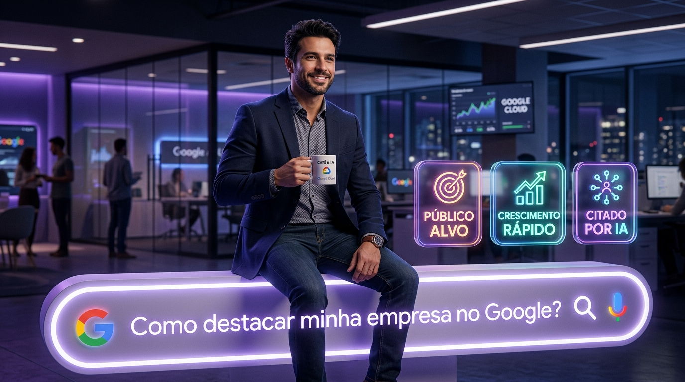 Profissional ao lado de uma barra de busca do Google com a pergunta “Como destacar minha empresa no Google?”